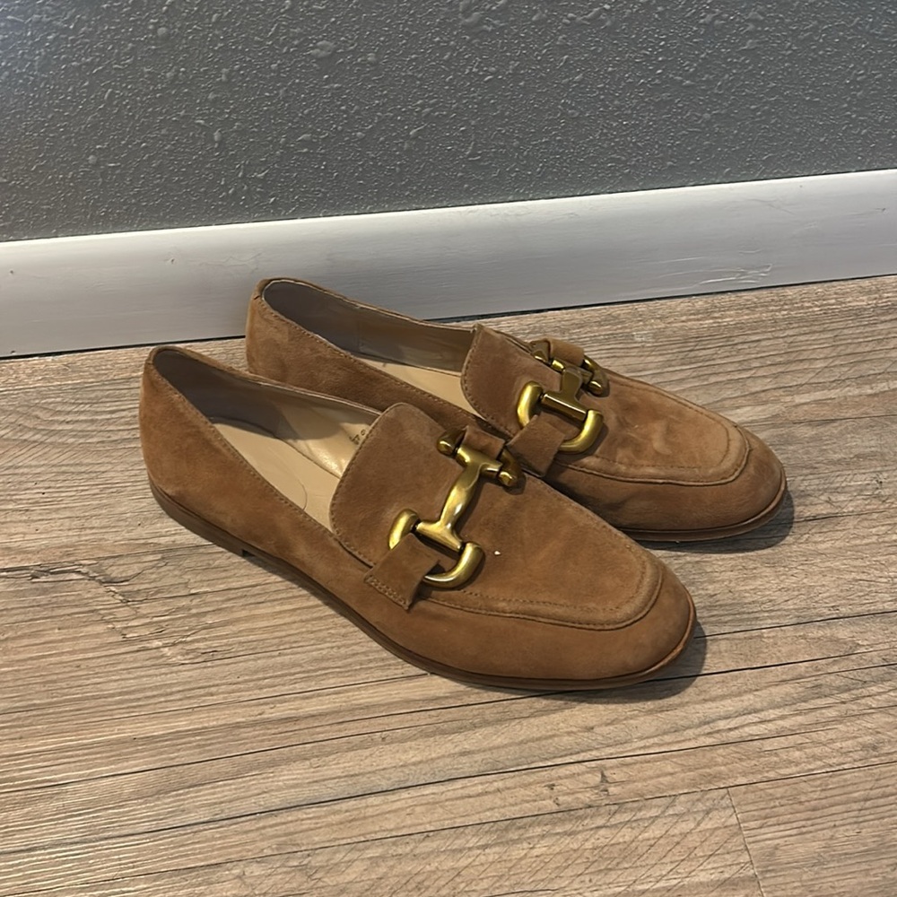 Boden Tan Suede Loafers with Gold Hardware